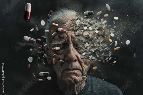 An elderly man with a plethora of pills protruding from his head  emphasizing medication and health issues  A conceptual portrait showing the aging effect of opioid abuse over time  AI Generated