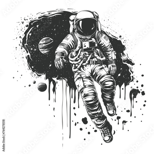 A black and white drawing of an astronaut standing in front of a planet. The astronaut is wearing a spacesuit and has a sticker on his chest. The image has a moody and mysterious feel to it