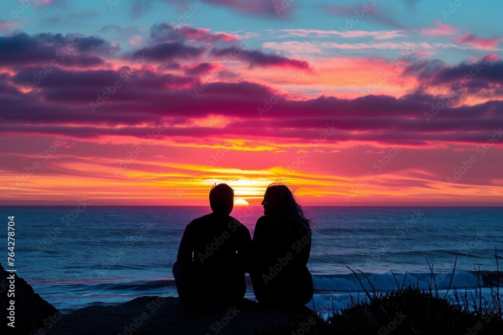 Two individuals are pictured sitting on the edge of a cliff, enjoying the view of the surroundings, A couple enjoying a Silhouette sunset on February 14th, AI Generated