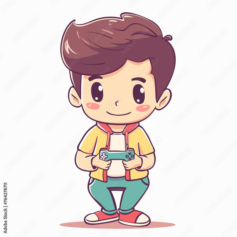 A cartoon boy holding a video game controller. He is smiling and he is enjoying himself A cartoon boy holding a video game controller. He is smiling and he is enjoying himself