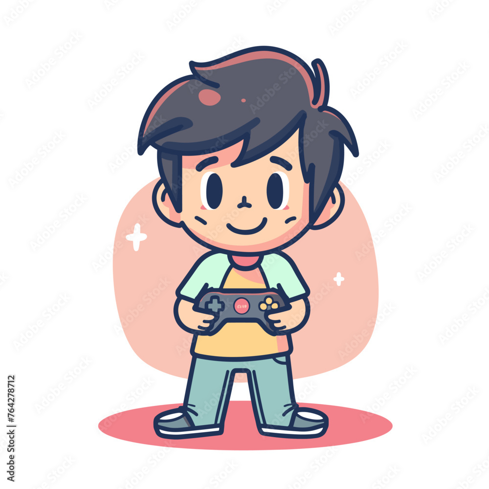 A cartoon boy holding a video game controller. He is smiling and he is enjoying himself A cartoon boy holding a video game controller. He is smiling and he is enjoying himself