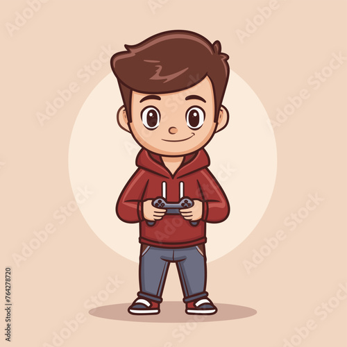 A cartoon boy holding a video game controller. He is smiling and he is enjoying himself