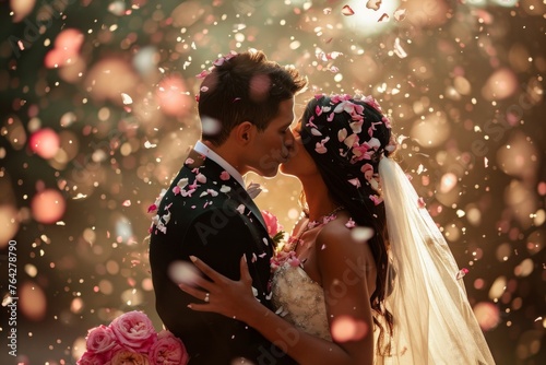 A bride and groom share a kiss in front of a beautiful arrangement of flowers, A couple sharing a sweet kiss under a flower shower, AI Generated
