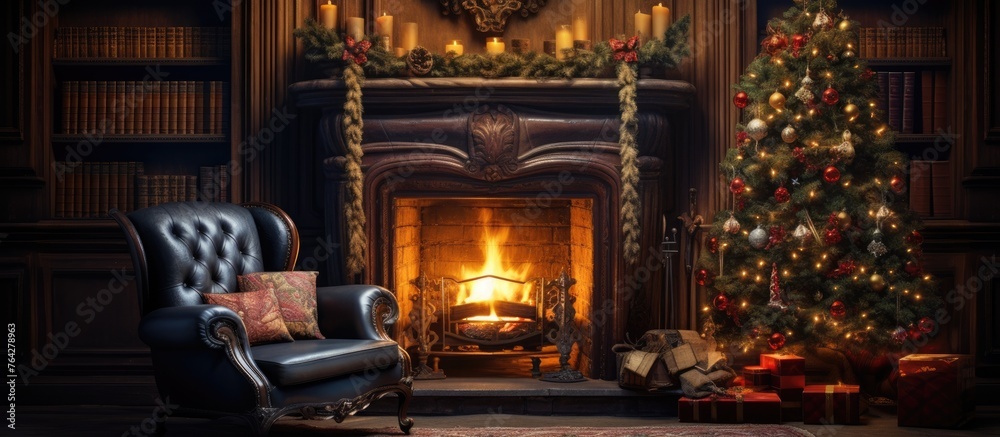 An inviting chair placed next to a warm fireplace adorned with a beautiful Christmas tree