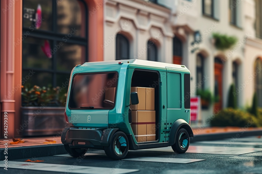 A small blue truck drives down a city street lined with towering buildings, showcasing the urban landscape, A cute small electric van delivering goods, AI Generated