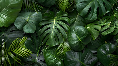 green tropical leaves top view. Floral background