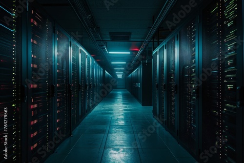 A busy  high-tech data center hallway filled with rows of servers  A dark and moody image representing data loss in NAS systems  AI Generated