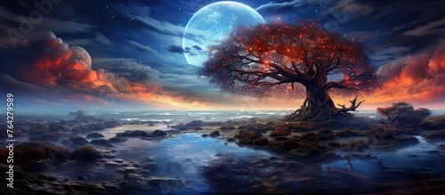 An image featuring a solitary tree set against a backdrop of a luminous full moon in the night sky