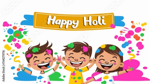 Happy children celebrating Holi festival with colorful splashes  perfect for cultural events.