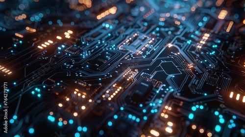 A close-up of a microcircuit illuminated by blue lights, illustrating the complexity and precision of electronic devices