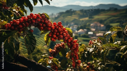 Ripe coffee cherries in a mountain plantation