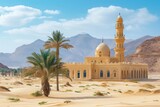 This photograph showcases a painting of a building situated amidst a vast desert landscape, A desert oasis with a traditional Arab mosque, AI Generated