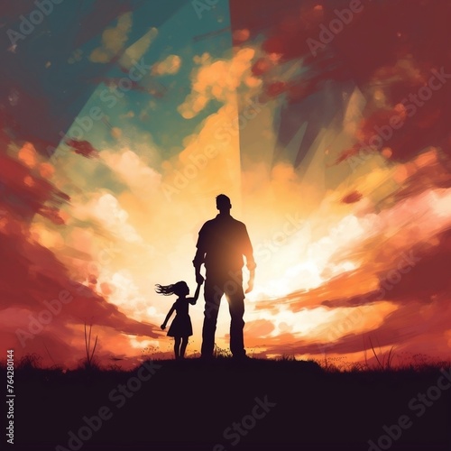 Illustration painting of silhouette of the father carrying his daughter up at sunset, digital art style
