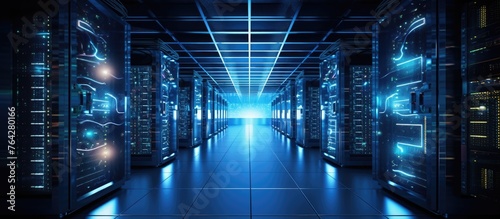 A lengthy hallway lined with multiple rows of servers in a high-tech facility