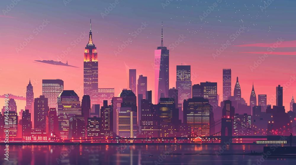 illustration city skyline at sunset in pink - obrazy, fototapety, plakaty 