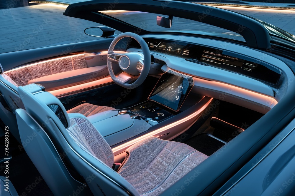 An image showing the inside of a car with a tablet mounted on the dashboard, displaying information and controls, A detailed interior design of a luxury electric car, AI Generated