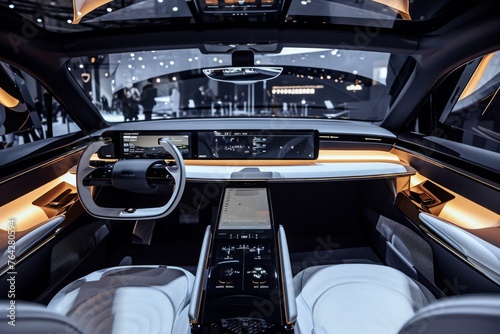 This photograph captures the lively and illuminated interior of a car, showcasing a multitude of dazzling lights, A detailed interior design of a luxury electric car, AI Generated