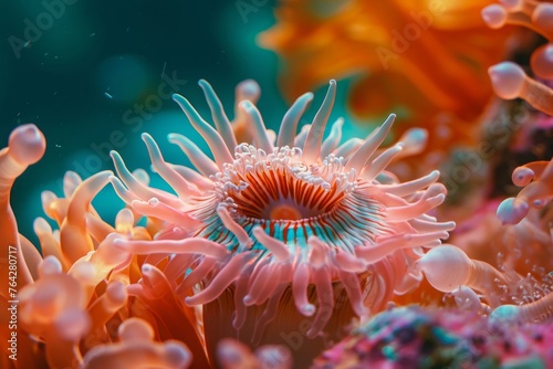Close-Up of a Sea Anemone on Coral, A detailed look inside the sea anemone's home, bursting with character, AI Generated