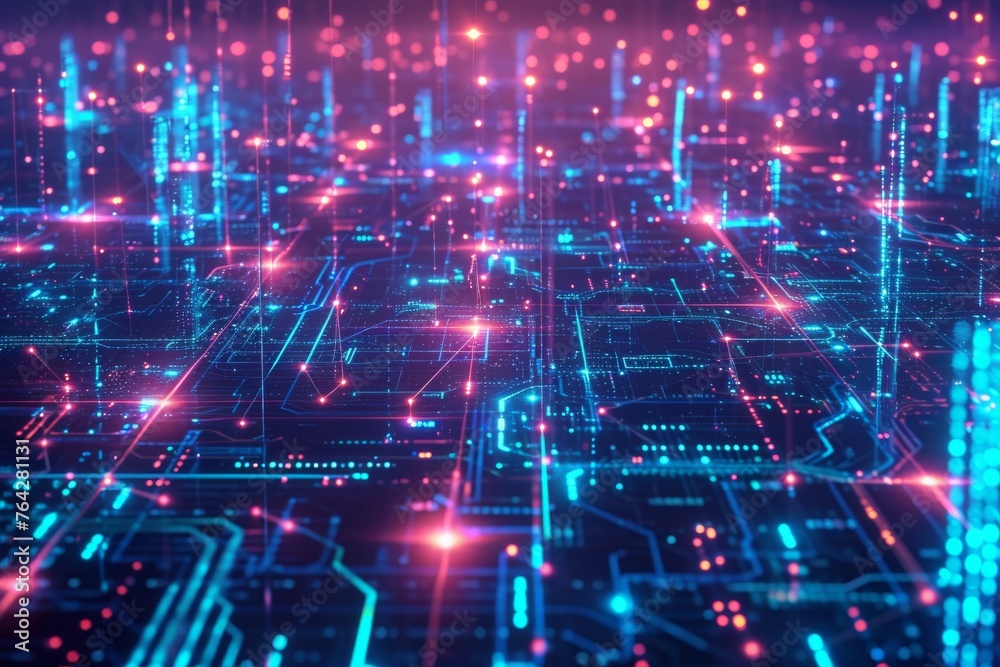 Multicolored Lights Illuminate Computer Circuit, A digital landscape showing interconnected computer networks, AI Generated Multicolored Lights Illuminate Computer Circuit, A digital landscape showing interconnected computer networks, AI Generated