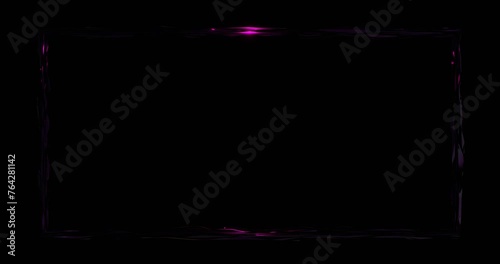 Neon broken frame with distortions glowing purple flash. Black curved glass rectangle illuminated by 3d render luminous line for effective electric led shows