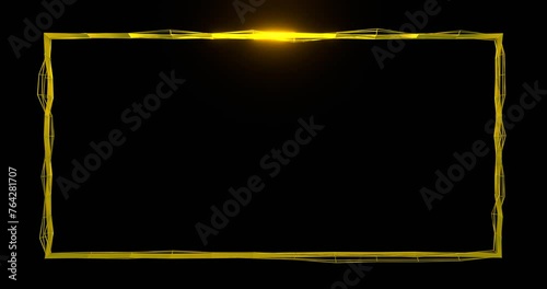 Mesh frame of wire with gold beam. Glowing digital rectangle illuminated by 3d render golden luminous line