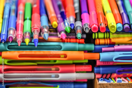 A stationery store with shelves of colorful pens, neatly stacked notebooks, and assorted office supplies.