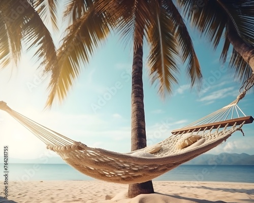 hammock, on the beach, summer, hot sun, white sand, rest, relaxation, holiday and vacation concept
