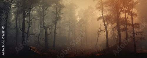 Foggy old forest in wide banner shape. Mystic nature panorama photo