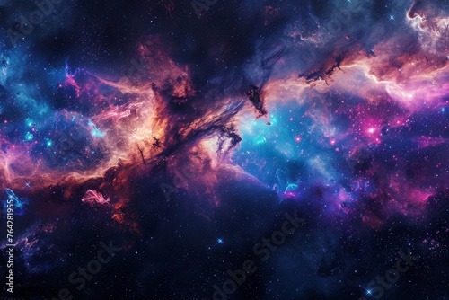 An image of a vibrant and dazzling expanse filled with numerous stars shining brightly, A dramatic representation of interstellar medium in neon tones, AI Generated