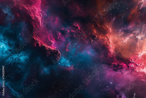 A vibrant space scene showcasing an array of stars and clouds, A dramatic representation of interstellar medium in neon tones, AI Generated © Ifti Digital
