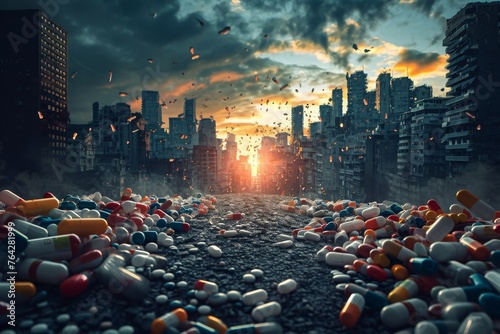A vibrant city street packed with an overwhelming quantity of pills displayed prominently, A dramatic representation of the opioid epidemic sweeping across a city, AI Generated