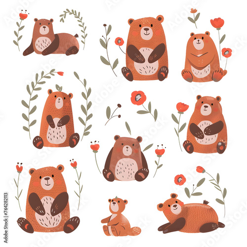 Illustration set of bears  white background