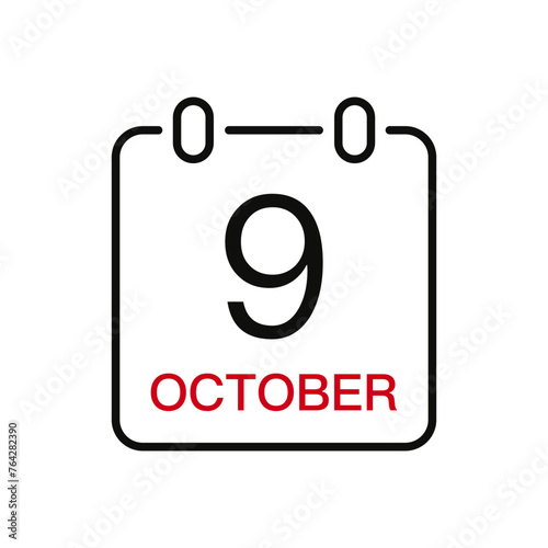 October 9 date on the calendar, vector line stroke icon for user interface. Calendar with date, vector illustration.