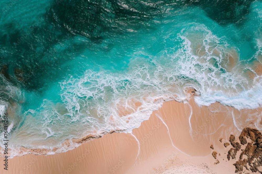 Aerial View of a Sandy Beach and Ocean, A drone's view of sandy beaches and crystal clear waves, AI Generated