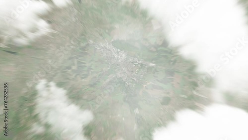 Earth zoom in from space to Pleven, Bulgaria. Followed by zoom out through clouds and atmosphere into space. Satellite view. Travel intro. Images from NASA photo