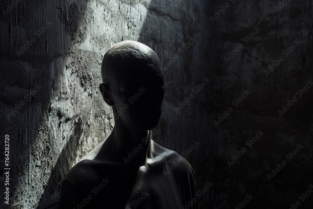A man standing in a dark room, positioned next to a solid stone wall, A faceless figure engulfed in the shadows of opioid addiction, AI Generated A man standing in a dark room, positioned next to a solid stone wall, A faceless figure engulfed in the shadows of opioid addiction, AI Generated