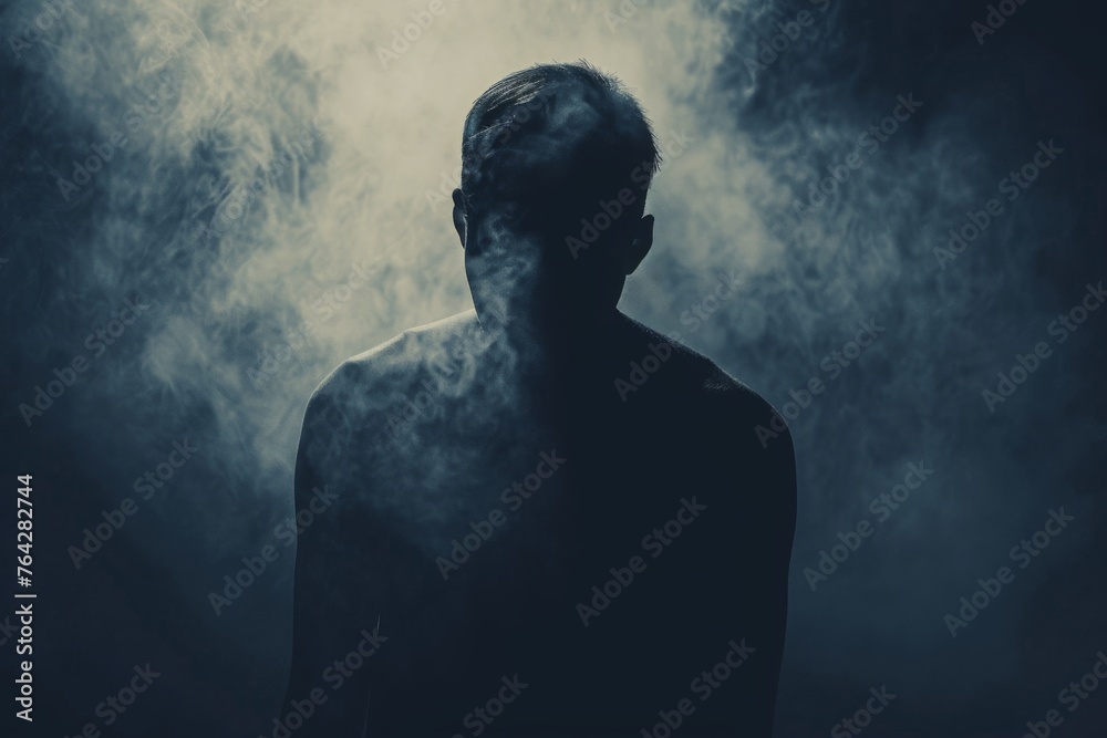A man is depicted standing in front of a dense cloud of smoke with his arms crossed, A faceless figure engulfed in the shadows of opioid addiction, AI Generated A man is depicted standing in front of a dense cloud of smoke with his arms crossed, A faceless figure engulfed in the shadows of opioid addiction, AI Generated