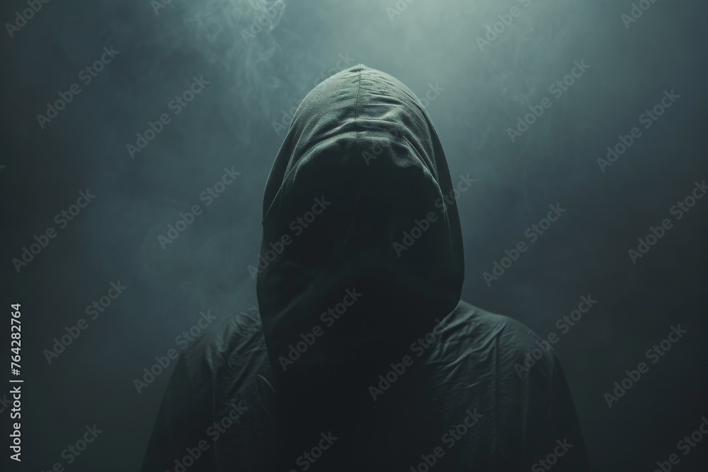 A person wearing a hooded jacket stands in a dark environment, A faceless figure engulfed in the shadows of opioid addiction, AI Generated - obrazy, fototapety, plakaty 