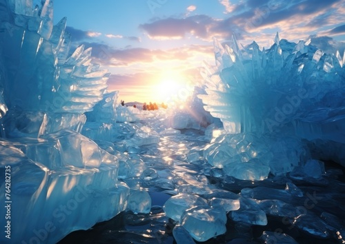 The sun's rays penetrate through intricate ice formations