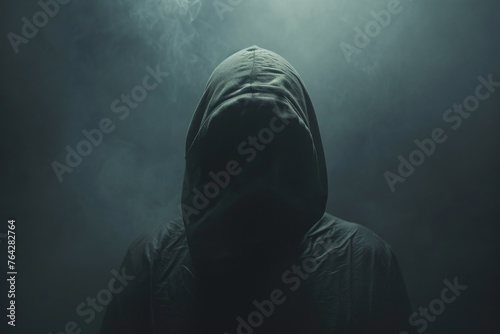 A person wearing a hooded jacket stands in a dark environment, A faceless figure engulfed in the shadows of opioid addiction, AI Generated