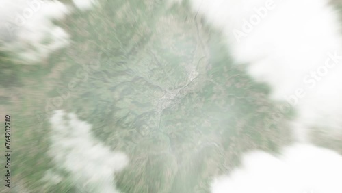 Earth zoom in from space to Bijelo Polje, Montenegro. Followed by zoom out through clouds and atmosphere into space. Satellite view. Travel intro. Images from NASA photo