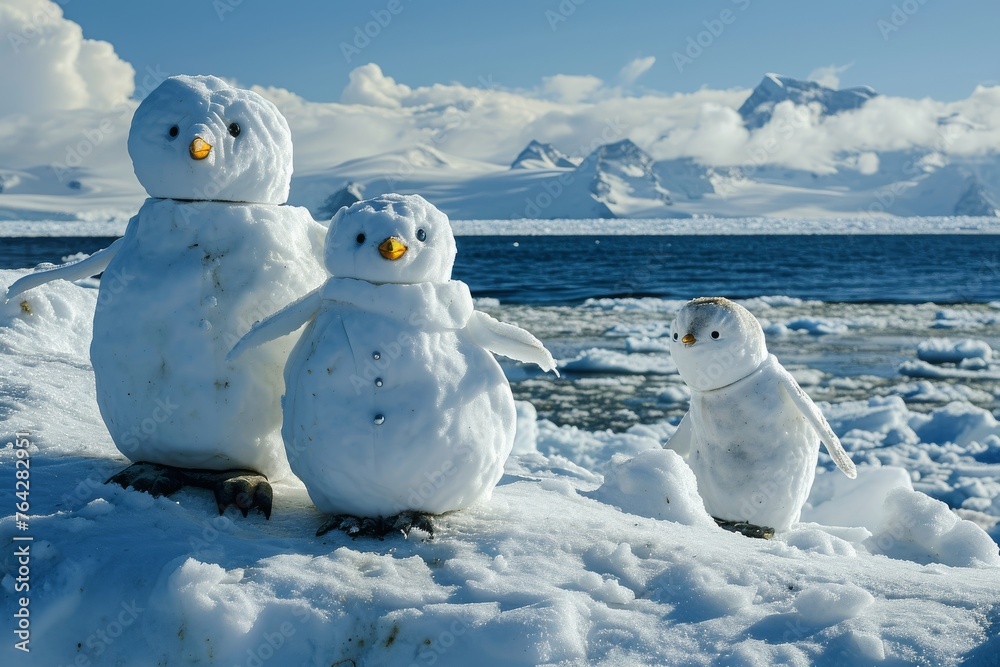 A group of snowmen standing proudly on top of a snowy ground, showcasing the winter season, A family of penguin-shaped snowmen near the icy coast, AI Generated A group of snowmen standing proudly on top of a snowy ground, showcasing the winter season, A family of penguin-shaped snowmen near the icy coast, AI Generated