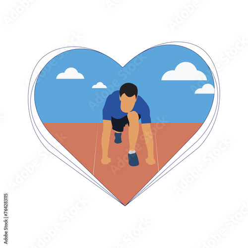 Runner in the heart shape isolated on white background. Sport concept. Runner. Runner on the start line. Design template. Sport competition. Athlete. Marathon runner. Trail running - Stock vector