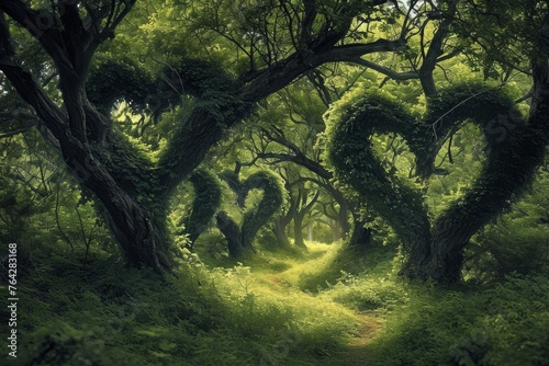 A scenic path cuts through the lush greenery of a forest, creating a picturesque scene of natures tranquility, A fantastical forest filled with heart-shaped trees, AI Generated photo