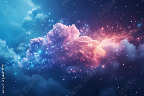 A photo showcasing a clear blue sky adorned with fluffy clouds and twinkling stars, A fantastical image of data flowing freely from NAS to cloud, AI Generated photo