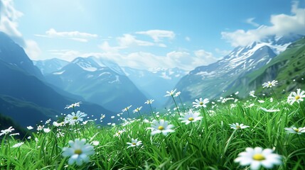 Fotobehang Groen Panoramic view of idyllic mountain scenery with flowering meadow on a beautiful sunny day. Illustration for cover, card, postcard, interior design, banner, poster, brochure or presentation.  © Login