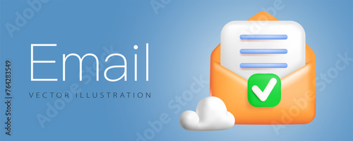 Email, read letter, concept banner in realistic 3d volumetric plastic style, isolated on background. Open envelope, receiving a message poster, vector illustration.