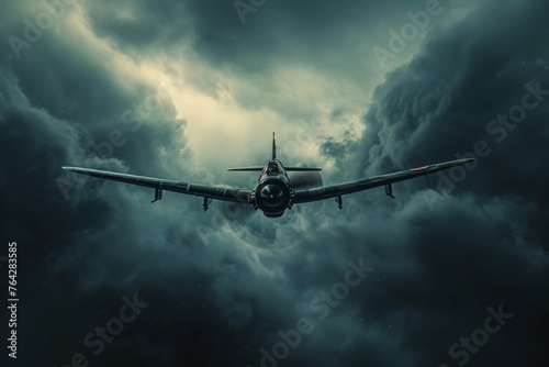 A commercial airplane flying through a cloudy sky, showcasing the dramatic contrast between the aircraft and the cloudy atmosphere, A fighter aircraft flying through a stormy sky, AI Generated
