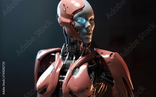 Close-up of a humanoid droid. Cyborg looks like a woman without clothes with artificial intelligence and Naked.
