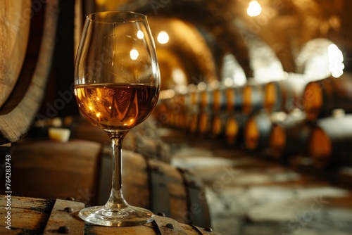 Aged Wine Glass on Oak Barrel, Winery Cellar Scene photo